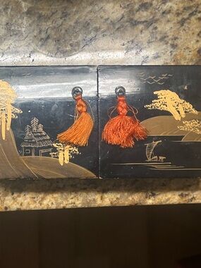 Black Lacquer Jewelry Box with Gold Landscape and Orange Tassels